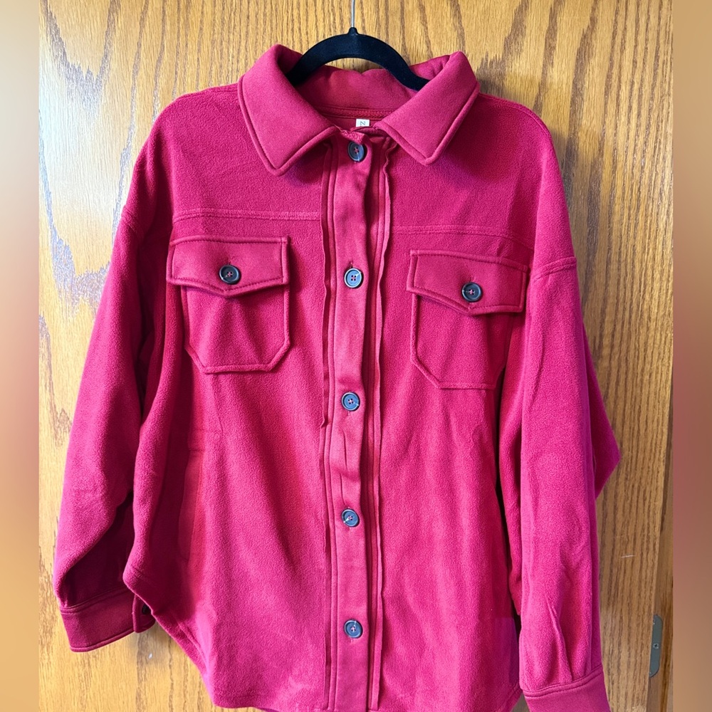 Zenana Outfitters Burgundy Button-Front Fleece Shacket (XL)